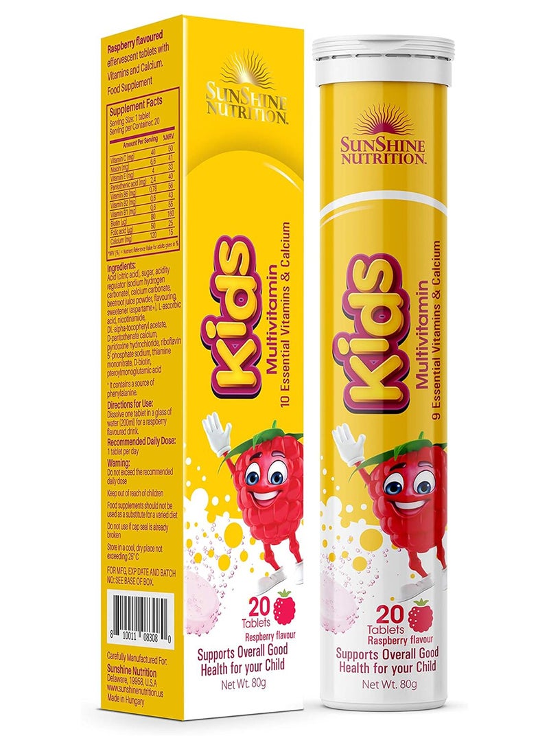 SUNSHINE NUTRITION Kids Effervescent Tablets Food Supplement Infused With 10 Essential Vitamin And Minerals Raspberry Flavour- 20 Tablets 80G - Image 1