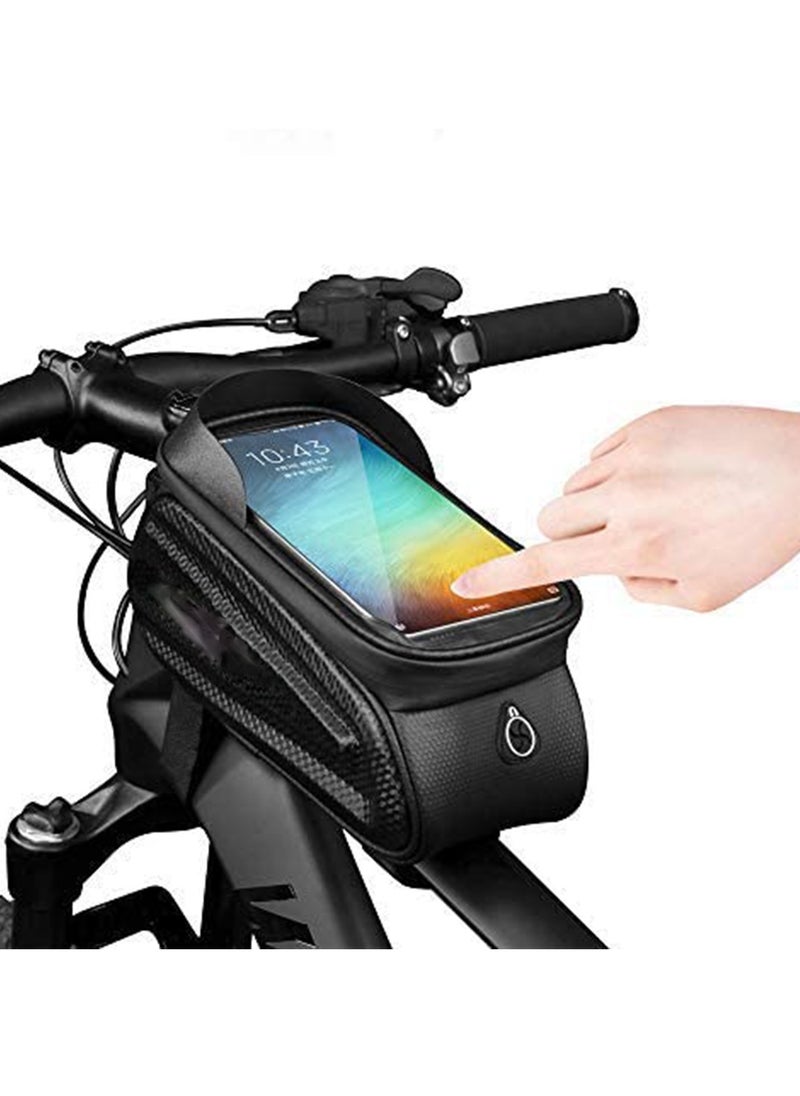 SYOSI Bike Frame Bag, Waterproof Bicycle Phone Mount Bag, Touch Screen Bicycle Bag with Sun Visor & Headphone Jack, Large Capacity Bike Bag with Reflective Strip Design for Below 7” Phone  - Image 1