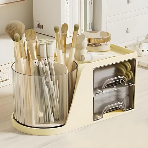 KREPS Makeup Brush Holder with Lid,360° Rotating Makeup Organizer, Nail Polish Perfume Lipstick Pen-Pencil Paint Brush Stationary Organizer, Multifunctional Dressing Table Storage (Off White) - Image 2