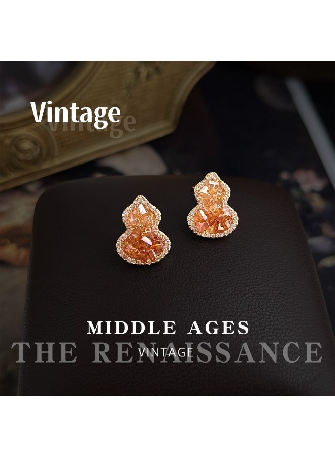 Vintage Gradient Orange Gourd-Shaped Stud Earrings | Zircon Crystal Vintage Earrings - Image 1