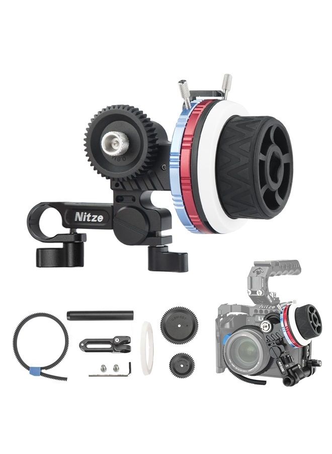 Nitze Mini Follow Focus Kit with 3 Reversible Drive Gears, 2 Marking Disks, Gear Ring Belt, 15mm Rod and 15mm Rod Clamp with NATO Rail, Support A/B Hard Stops and 360° Infinity Zoom - MF15C  - Image 1