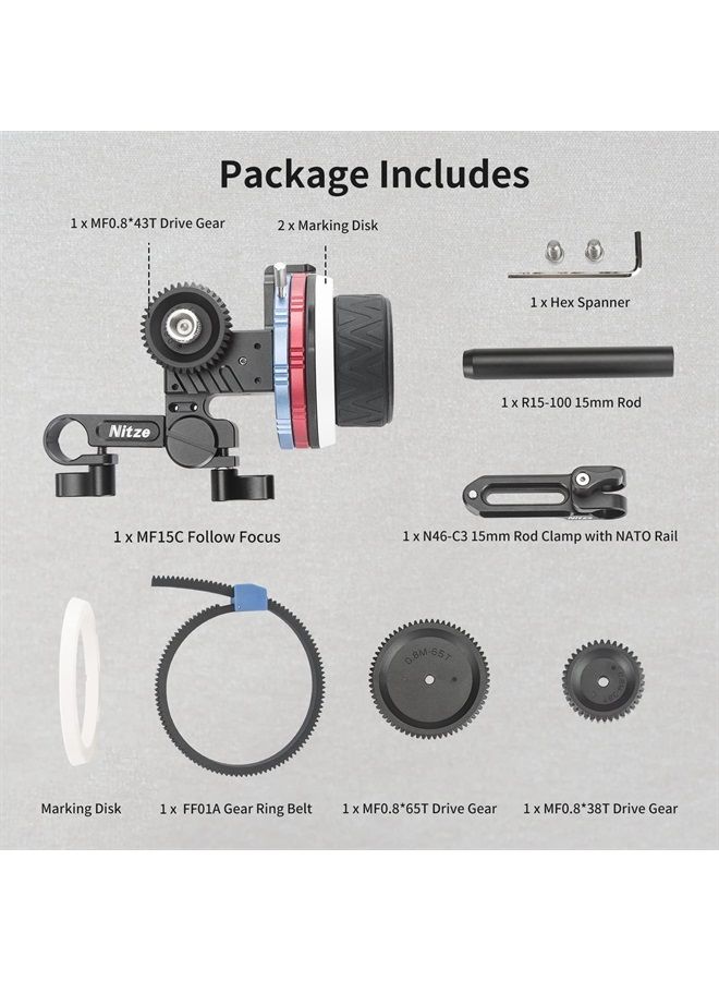 Nitze Mini Follow Focus Kit with 3 Reversible Drive Gears, 2 Marking Disks, Gear Ring Belt, 15mm Rod and 15mm Rod Clamp with NATO Rail, Support A/B Hard Stops and 360° Infinity Zoom - MF15C  - Image 2