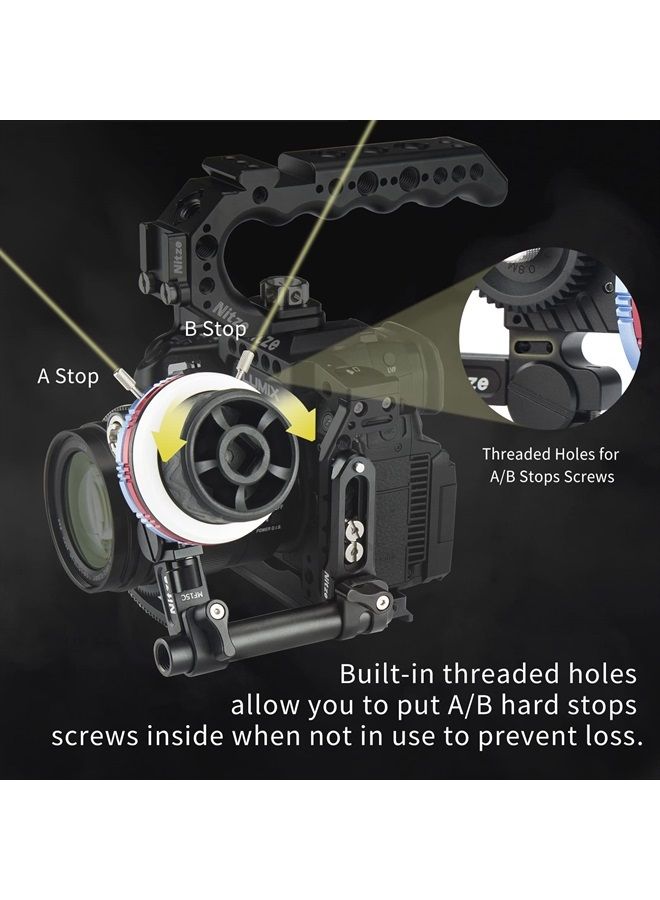 Nitze Mini Follow Focus Kit with 3 Reversible Drive Gears, 2 Marking Disks, Gear Ring Belt, 15mm Rod and 15mm Rod Clamp with NATO Rail, Support A/B Hard Stops and 360° Infinity Zoom - MF15C  - Image 3