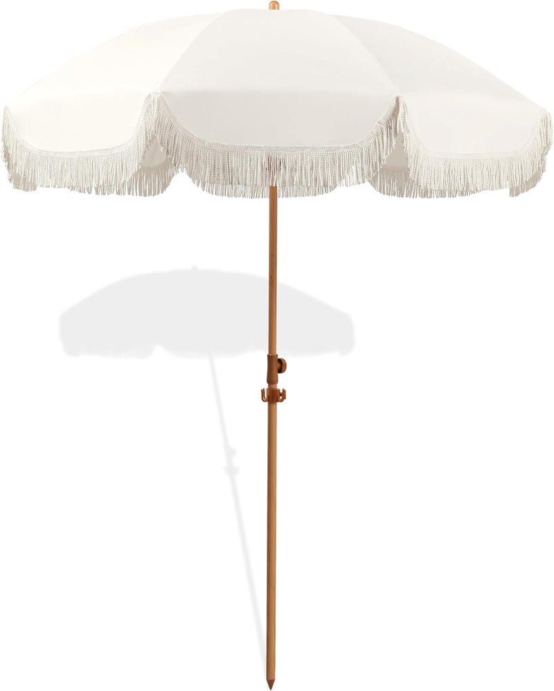 Seazul Patio Umbrella with Fringe, Beach Umbrella, Fringe Umbrella Outdoor Patio with Hanging Hook, Tilting Aluminum Pole, UV 50+, Fiberglass Ribs - Image 1