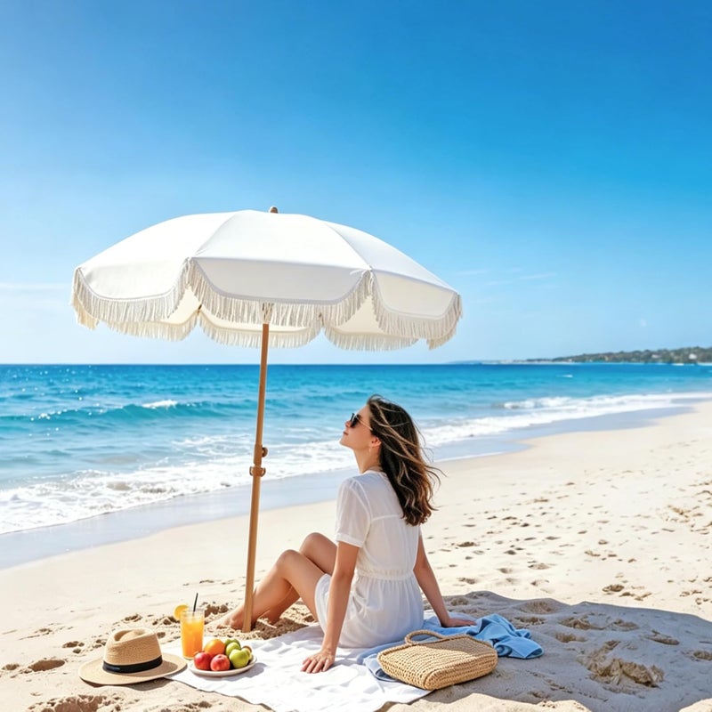 Seazul Patio Umbrella with Fringe, Beach Umbrella, Fringe Umbrella Outdoor Patio with Hanging Hook, Tilting Aluminum Pole, UV 50+, Fiberglass Ribs - Image 3