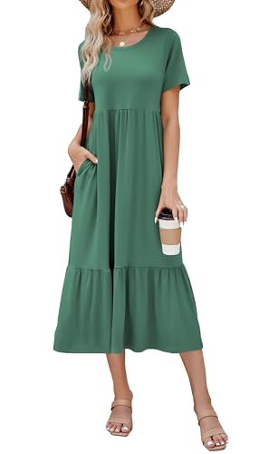 Jeqeocafy Summer Dresses for Women Flowy Maxi Sundress Short Sleeve Tiered Beach Dress with Pockets 2026 Vacation Travel Turquoise - Image 1