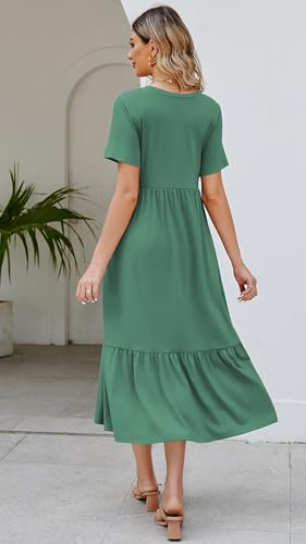 Jeqeocafy Summer Dresses for Women Flowy Maxi Sundress Short Sleeve Tiered Beach Dress with Pockets 2026 Vacation Travel Turquoise - Image 4
