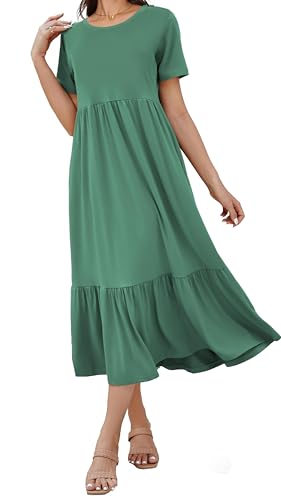 Jeqeocafy Summer Dresses for Women Flowy Maxi Sundress Short Sleeve Tiered Beach Dress with Pockets 2026 Vacation Travel Turquoise - Image 5