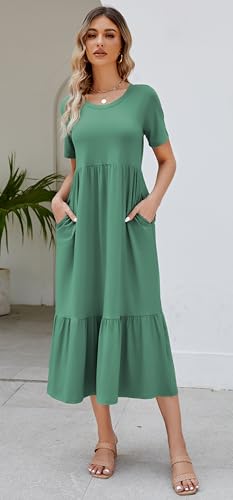 Jeqeocafy Summer Dresses for Women Flowy Maxi Sundress Short Sleeve Tiered Beach Dress with Pockets 2026 Vacation Travel Turquoise - Image 2