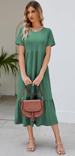 Jeqeocafy Summer Dresses for Women Flowy Maxi Sundress Short Sleeve Tiered Beach Dress with Pockets 2026 Vacation Travel Turquoise - Image 3