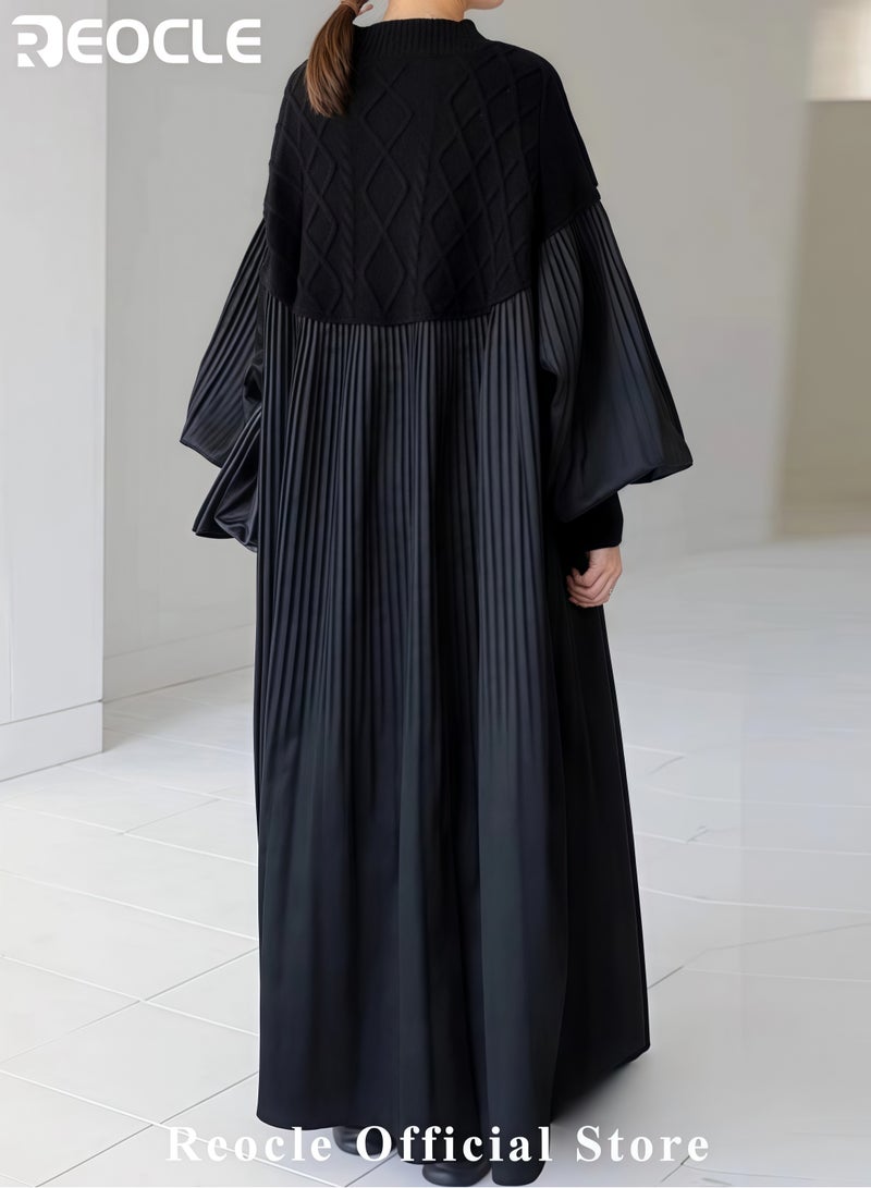 REOCLE Women's Elegant Long Dress Sweater Patchwork Dress Solid Color Autumn Skirt Loose Casual Diamond Patterned Dress Lantern Sleeve Pleated Skirt - Image 4