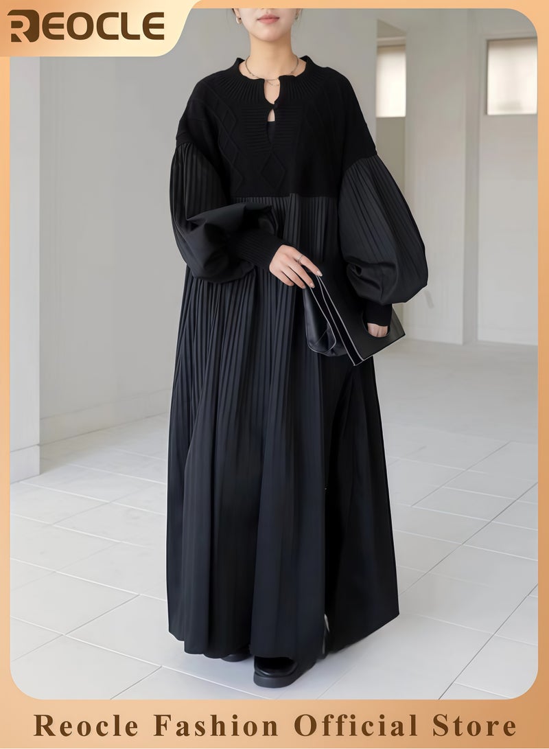 REOCLE Women's Elegant Long Dress Sweater Patchwork Dress Solid Color Autumn Skirt Loose Casual Diamond Patterned Dress Lantern Sleeve Pleated Skirt - Image 1