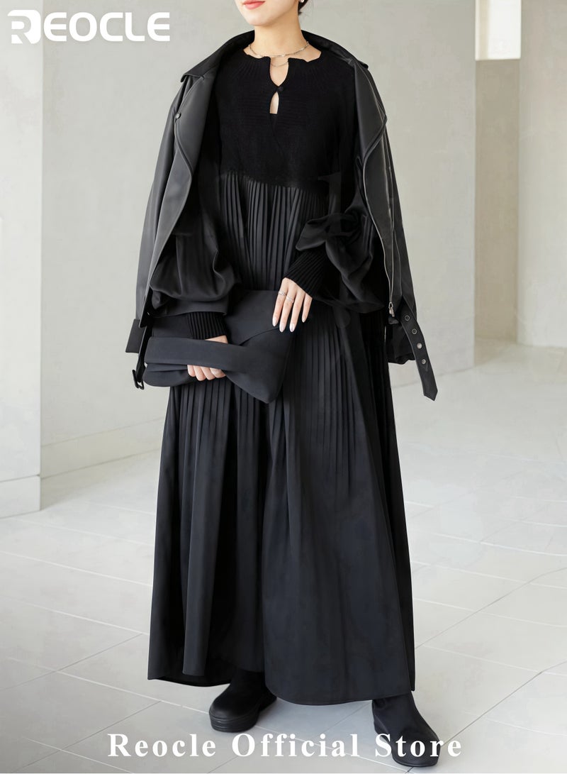 REOCLE Women's Elegant Long Dress Sweater Patchwork Dress Solid Color Autumn Skirt Loose Casual Diamond Patterned Dress Lantern Sleeve Pleated Skirt - Image 2