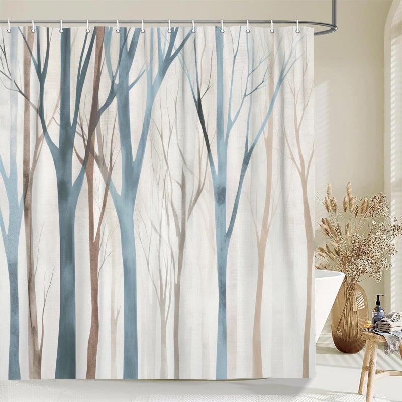 Merchr brown Blue Tree Fabric Startain Starting Art Birch Forest Rustic Wood Polyester Fabric مقاوم للماء الستائر الحمام الستائر الدش مع السنانير 72 × 72 بوصة - Image 2