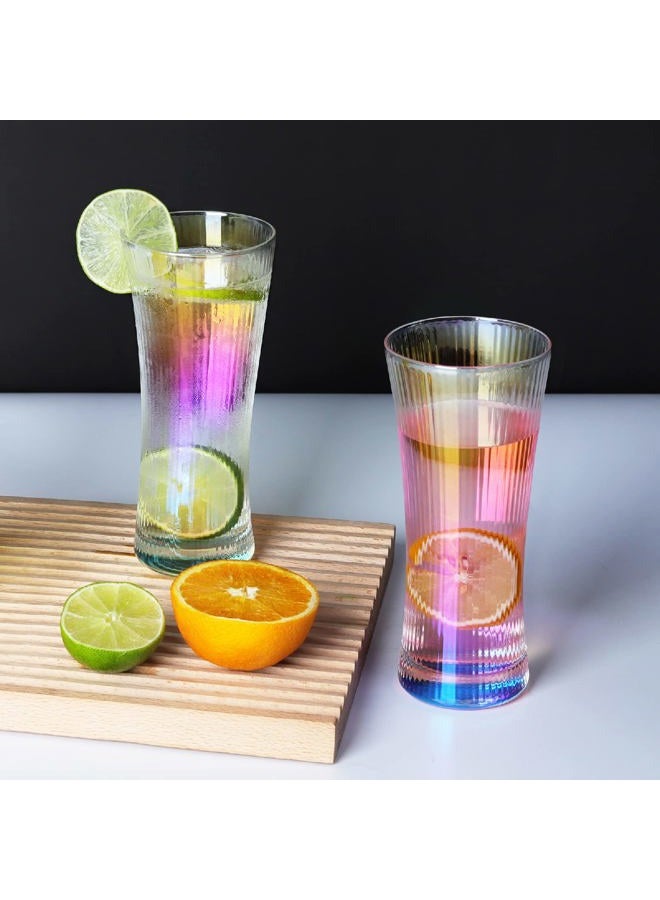 Joeyan Water Juice Cocktail Drinking Glasses Cups,Origami Style Glassware,Ripple Highball Glass,Modern Ribbed Glass Tumbler for Iced Tea Coffee Beverage Wine Beer,Hand Made,13.5 oz,Set of 4,Iridescent - Image 5