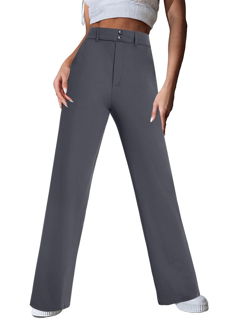 FireSwan Womens Wide Leg Dress Pants High Waist Stretch Slacks Work Pants with Pockets Business Casual Office Trousers Dark Grey - Image 1