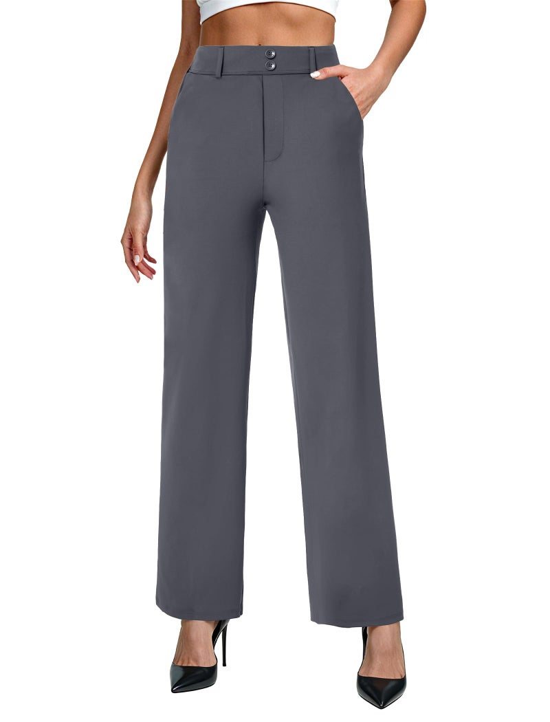 FireSwan Womens Wide Leg Dress Pants High Waist Stretch Slacks Work Pants with Pockets Business Casual Office Trousers Dark Grey - Image 2