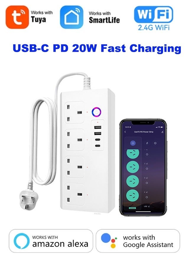 UanTii Smart Power Strip Tuya Wifi Power Extension Surge Protector With 4 AC sockets+1 USB-C PD 20W fast charging,Timing Schedule App Remote Control Works with Alexa and Google Home - Image 1