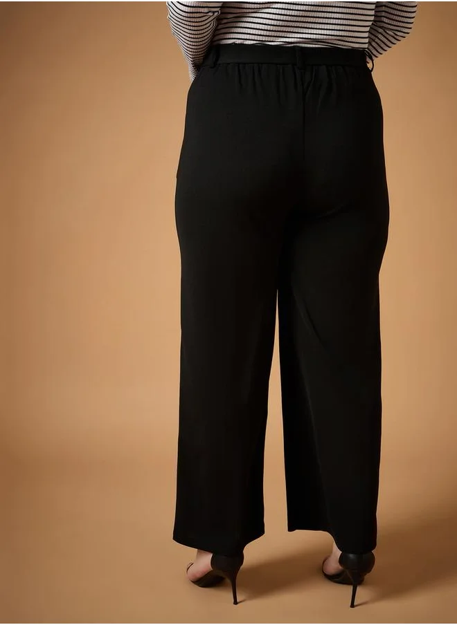 SASSAFRAS Plus Size Solid Belted Straight Fit Pants with Pintuck Details by Styli
