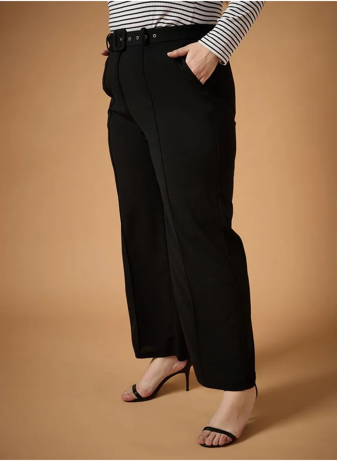 SASSAFRAS Plus Size Solid Belted Straight Fit Pants with Pintuck Details by Styli