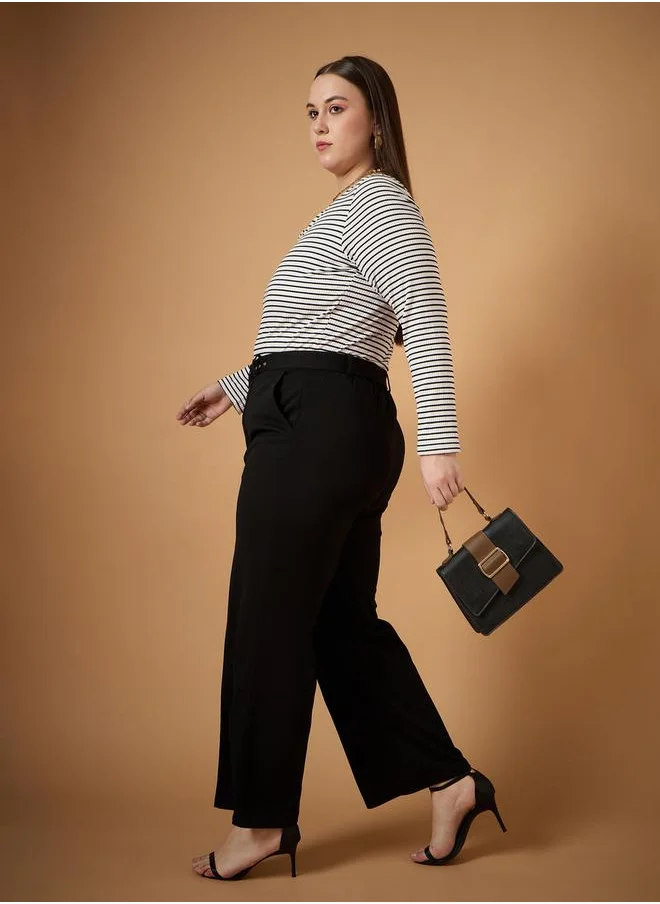 SASSAFRAS Plus Size Solid Belted Straight Fit Pants with Pintuck Details