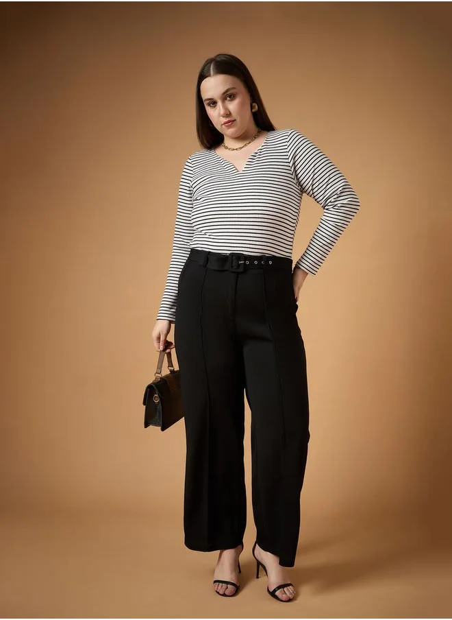 SASSAFRAS Plus Size Solid Belted Straight Fit Pants with Pintuck Details by Styli