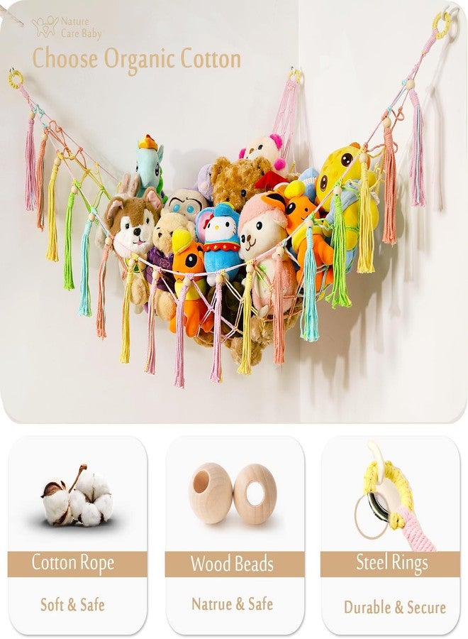 YKBU Stuffed Animals Hammock Corner Hanging Net with Wooden Beads Macrame Stuffed Animal Storage Ideas Plush Holder Toy Organizer for Boho Nursery Playroom Bedroom Kids Room Decor (Colorful, X-Large) - Image 2