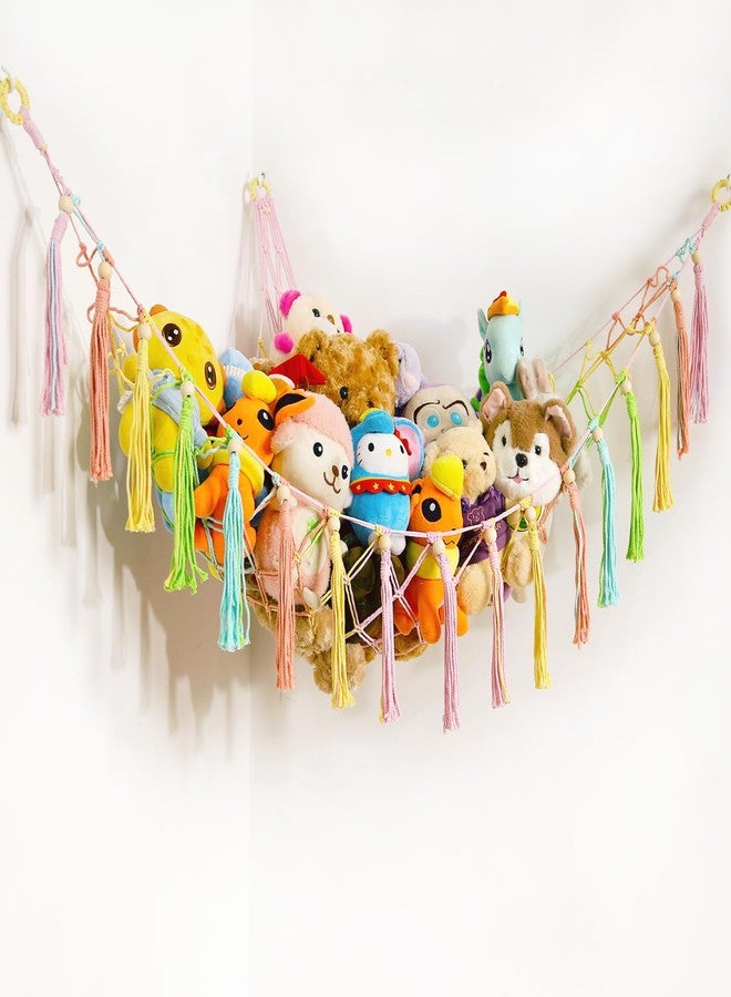 YKBU Stuffed Animals Hammock Corner Hanging Net with Wooden Beads Macrame Stuffed Animal Storage Ideas Plush Holder Toy Organizer for Boho Nursery Playroom Bedroom Kids Room Decor (Colorful, X-Large) - Image 1
