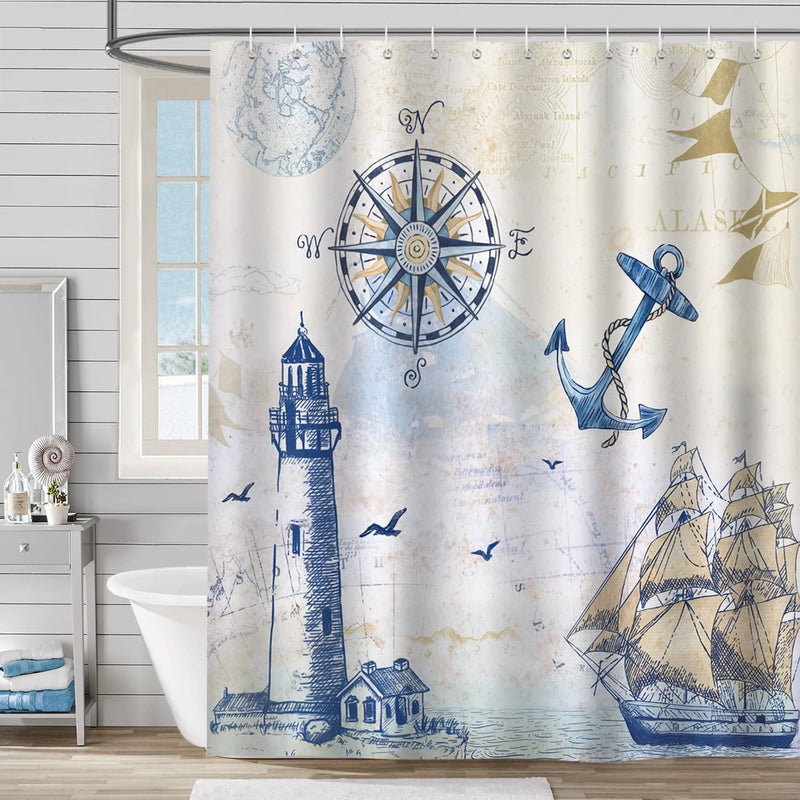 Bonhause Nautical Shower Curtain, Coastal Lighthouse Compass Anchor Sailboat Bathroom Decor 72 x 72 Inch Polyester Fabric Waterproof Bathroom Curtain with 12 Hooks - Image 2