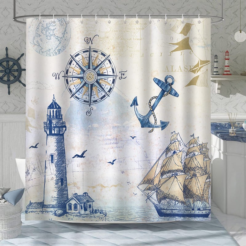 Bonhause Nautical Shower Curtain, Coastal Lighthouse Compass Anchor Sailboat Bathroom Decor 72 x 72 Inch Polyester Fabric Waterproof Bathroom Curtain with 12 Hooks - Image 1