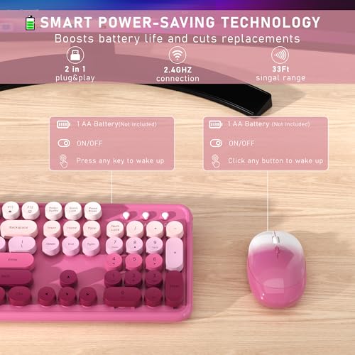 Links9+ Wireless Keyboard and Mouse, Full-Size Retro Typewriter Keyboard with Round Keycaps, 2.4GHz for Windows, Mac, Laptop, PC, Desktop (Dark Pink Gradient) - Image 3