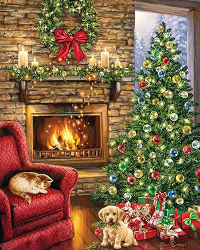 Springbok Fireside Christmas 1000 Piece Jigsaw Puzzle Holiday Themed Illustration with Holiday dcor and Furry Friends - Image 1