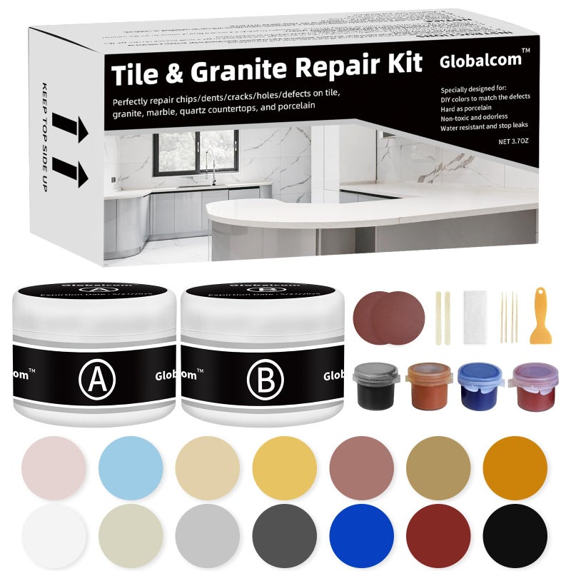 Globalcom Tile and Granite/Marble Repair Kit, Porcelain Stone and Quartz Countertops Repair Kit for Chips Dents Cracks Holes Scratch, Fix Chipped Edges Corners, Reattaches Missing Pieces - Image 1