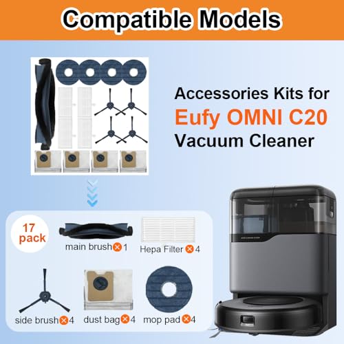 Zengerent 17pack Omni C20 Accessories, Replacement Parts Compatible with Eufy Omni C20 Robot Vacuum Cleaner, 1 Set Main Brush, 2 HEPA Filter, 4 Side Brushes, 4 Mop Pad, 4 Dust Bags - Image 2