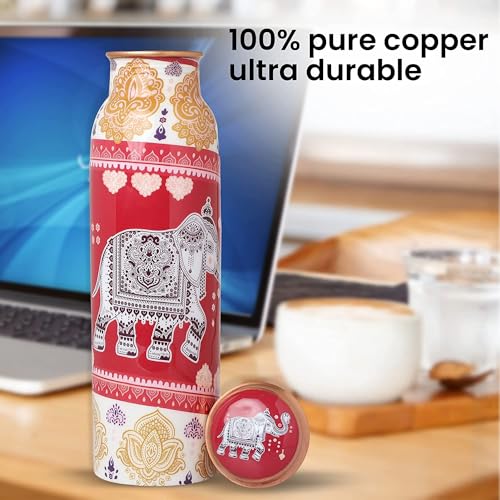 MERCAPE® - 100% Pure Joint Less Copper Bottles for Water with Leak Proof Lid Flower Printed | Ayurveda BPA Free & Non Toxic | Ayurvedic Office | Gym Yoga Bottle - 950ml (Print 8) - Image 2