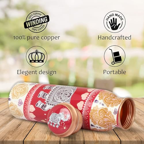 MERCAPE® - 100% Pure Joint Less Copper Bottles for Water with Leak Proof Lid Flower Printed | Ayurveda BPA Free & Non Toxic | Ayurvedic Office | Gym Yoga Bottle - 950ml (Print 8) - Image 4