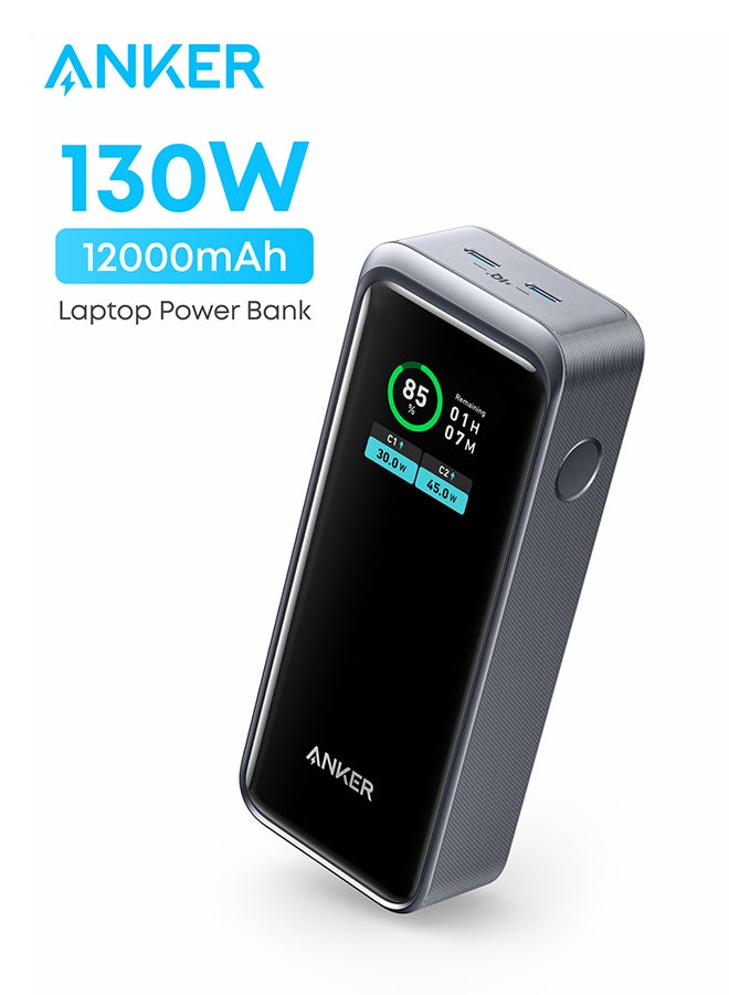 باور بانك برايم بقدرة 12000 مللي أمبير في الساعة مع شاحن محمول بمنفذين بقدرة 130 وات وشاشة رقمية ذكية أسود - Image 1