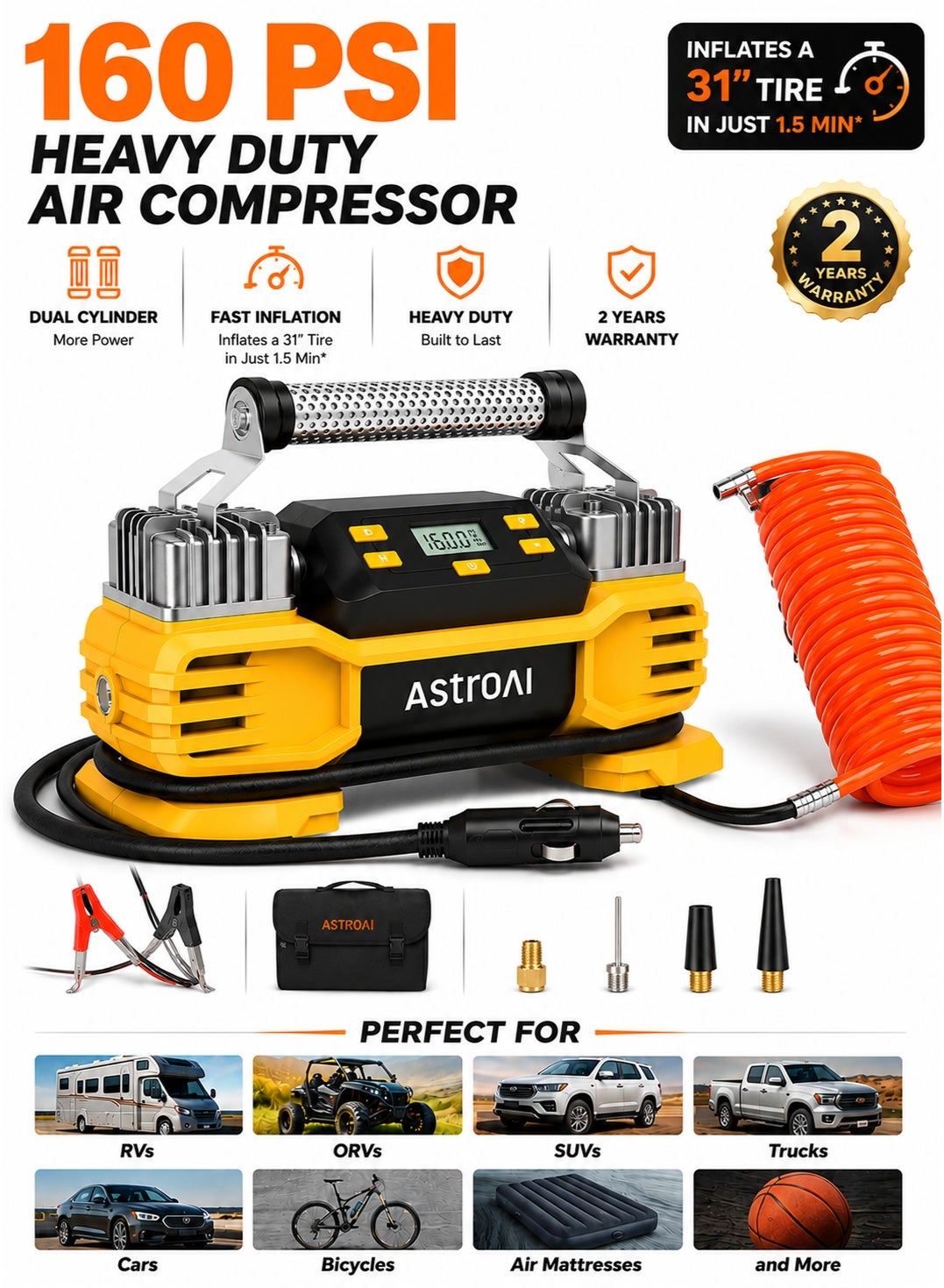 AstroAI Tyre Inflator Air Compressor 12V DC 160PSI with Screen, Heavy Duty Dual Cylinders & Dual Motors, Dual Power Tyre Pump for SUVs, RVs, ORVs, Trucks, Cars, Air Mattresses, Auto Off, LED Light for Gifts