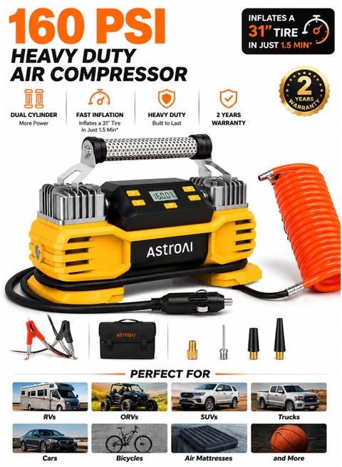 AstroAI Tyre Inflator Air Compressor 12V DC 160PSI with Screen, Heavy Duty Dual Cylinders & Dual Motors, Dual Power Tyre Pump for SUVs, RVs, ORVs, Trucks, Cars, Air Mattresses, Auto Off, LED Light for Gifts
