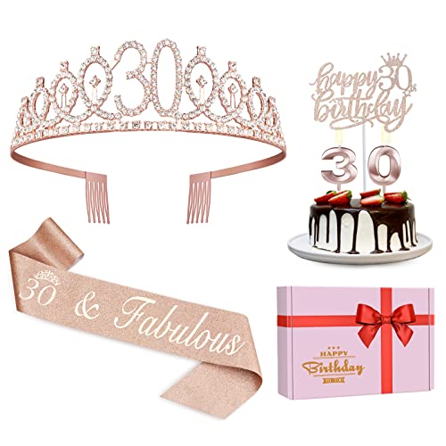 Juesly 30th Birthday Decorations for Her, Including Sash, Crown/Tiara, Candles, Cake Topper, 30th Birthday Gifts for Her - Image 1