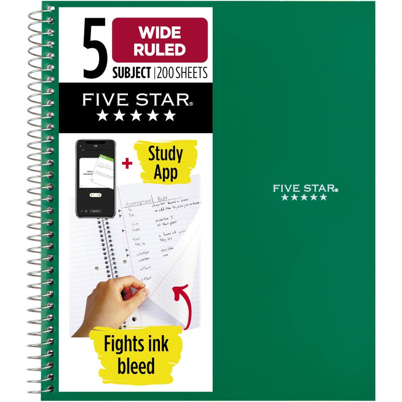 Five Star Spiral Notebook Study App 5 Subject Wide Ruled Paper 8 x 1012 200 Sheets Fights Ink Bleed Water Resistant Cover Forest Green 73441