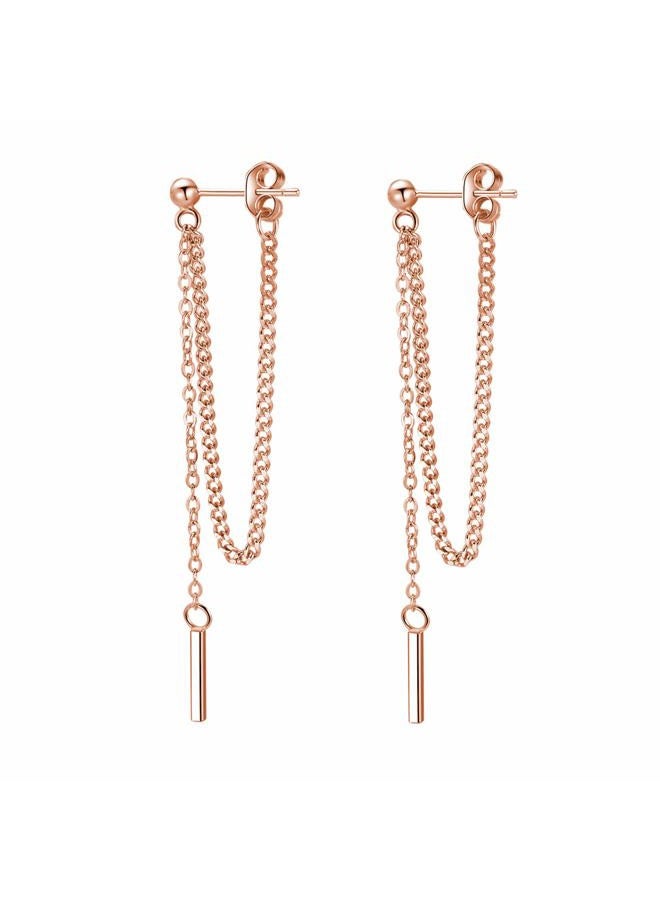 SLUYNZ Solid 925 Sterling Silver Bar Dangle Earrings for Women Minimalist Dangle Earrings Threader Chain (C-Rose Gold Plated) - Image 1
