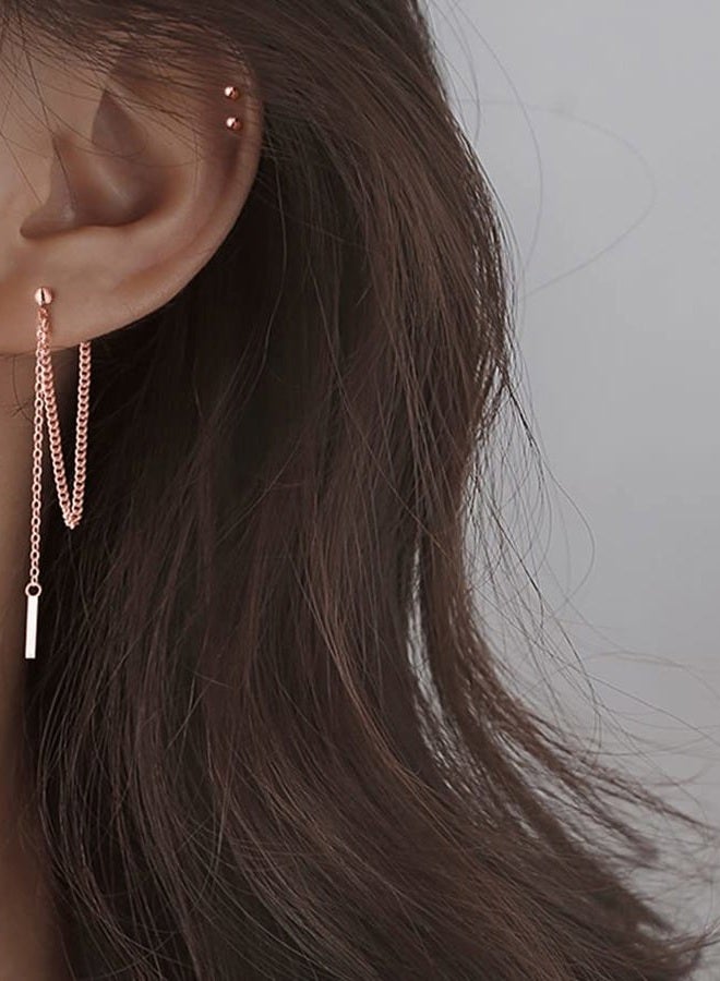 SLUYNZ Solid 925 Sterling Silver Bar Dangle Earrings for Women Minimalist Dangle Earrings Threader Chain (C-Rose Gold Plated) - Image 2