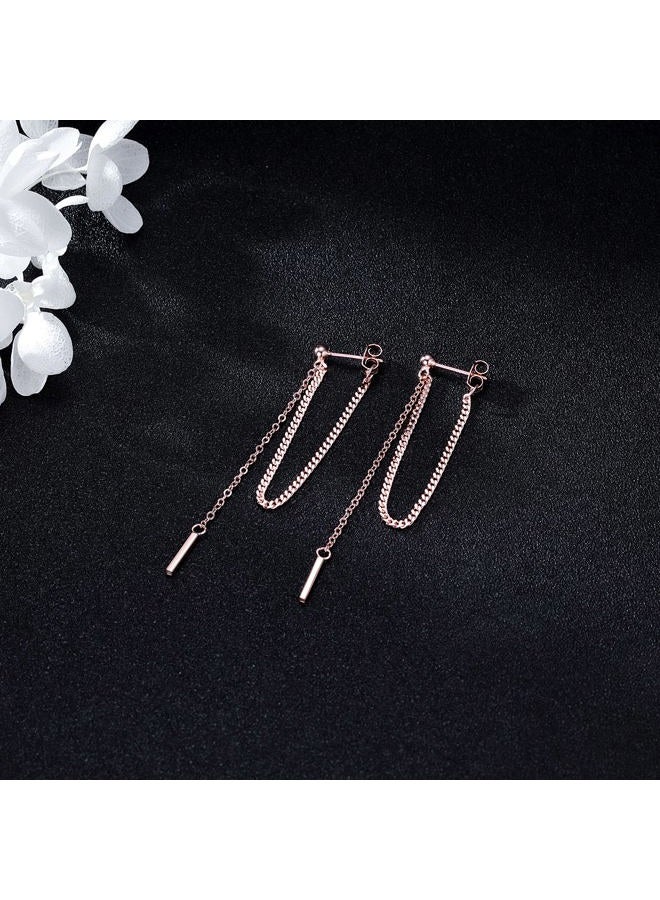 SLUYNZ Solid 925 Sterling Silver Bar Dangle Earrings for Women Minimalist Dangle Earrings Threader Chain (C-Rose Gold Plated) - Image 4