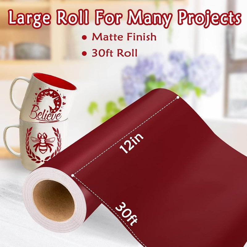 WRAPXPERT فينيل كستنائي دائم، 12 بوصة × 30 أقدام فينيل أحمر نبيذ غير لامع لـ Cricut، لفة فينيل لاصق ساتان بورجوندي لـ Cricut وSilhouette - Image 2