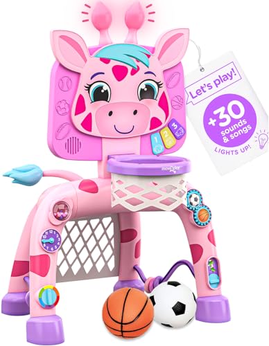 Move2Play Giraffe Basketball Hoop Soccer Goal Activity Center 30 Sounds Lights 1 2 3 Year Old Gift Birthday Present 6 12 18 24 Month Toy For Baby Toddler Boys Girls - Image 1
