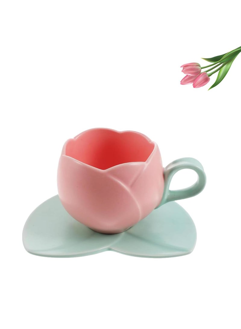 Zikra Ceramic Coffee Mug with Saucer Set, Creative Tulip Cup Unique Irregular Design for Office and Home, Dishwasher and Microwave Safe, Cute Cup for Latte Tea Milk (300ML) - Image 1