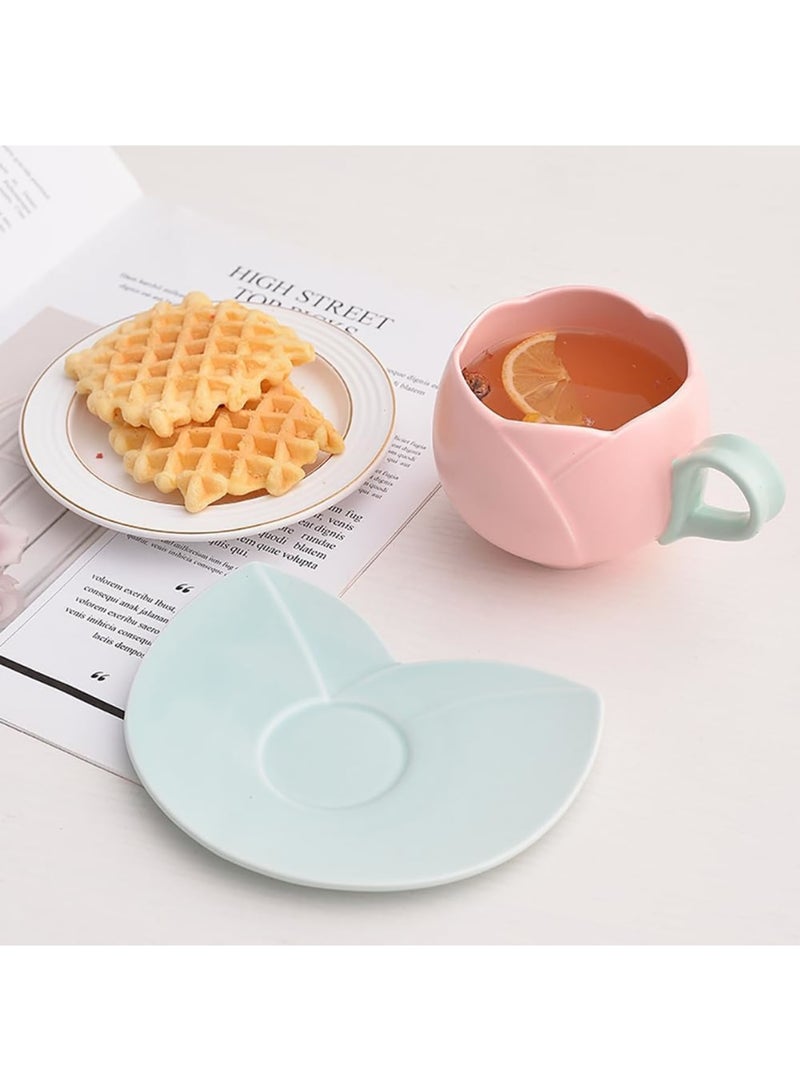 Zikra Ceramic Coffee Mug with Saucer Set, Creative Tulip Cup Unique Irregular Design for Office and Home, Dishwasher and Microwave Safe, Cute Cup for Latte Tea Milk (300ML) - Image 4