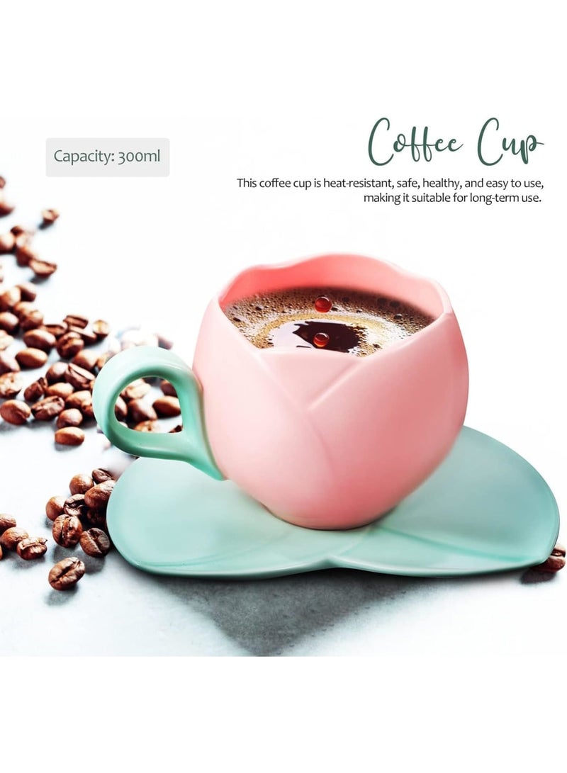 Zikra Ceramic Coffee Mug with Saucer Set, Creative Tulip Cup Unique Irregular Design for Office and Home, Dishwasher and Microwave Safe, Cute Cup for Latte Tea Milk (300ML) - Image 3