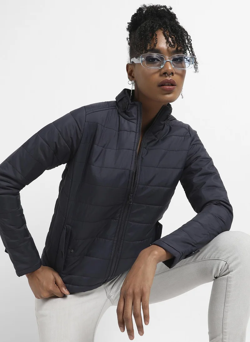 Women's Navy Blue Quilted Puffer Jacket With Zip Closure